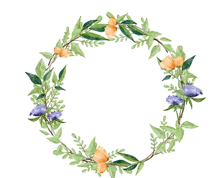 Delikatny wieniec kwiatowy z zielonymi liśćmi i łodygami, z pomarańczowymi i fioletowymi kwiatami, tworzący okrągły wzór. Kolorystyka jest świeża i naturalna.